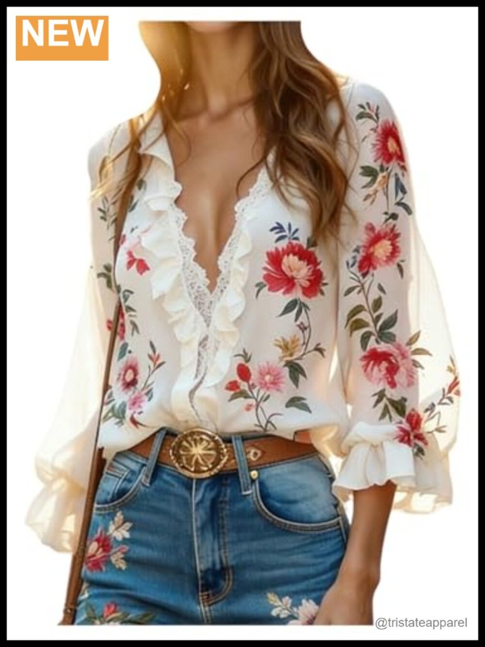 Floral Ruffle V-Neck Lace Trim 3/4 Sleeve Blouse for Women